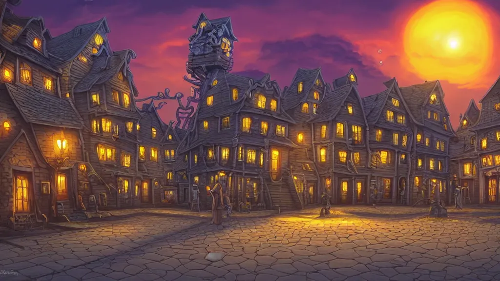 Image similar to empty lovecraftian town square surrounded by houses and inns at sunset. statue. lovecraftian city at sunset by cyril rolando and naomi okubo and dan mumford and ricardo bofill. lovecraft. cobbled streets. lovecraftian. sunset swirly sky.