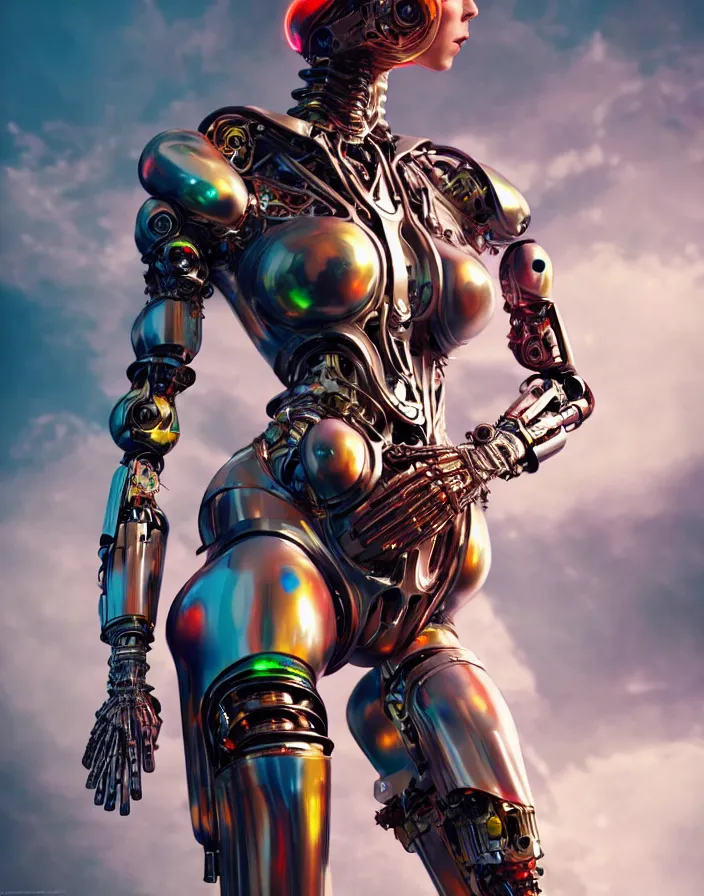 Image similar to full lenght shot, super hero pose, woman in biomechanical dress, inflateble shapes, wearing epic bionic cyborg implants of different colors, masterpiece, intricate, biopunk futuristic wardrobe, highly detailed, artstation, concept art, background galaxy, cyberpunk, octane render