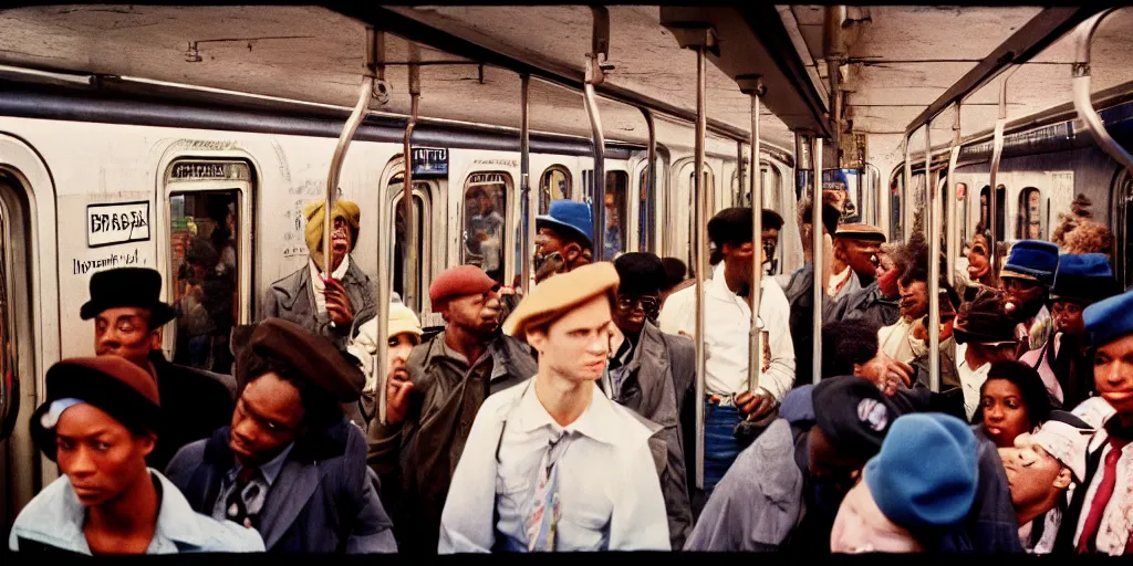 Image similar to new york subway cabin 1 9 8 0 s inside all in graffiti, black guy in the black beret, coloured film photography, christopher morris photography, bruce davidson photography