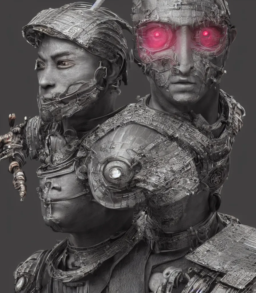 Image similar to hyper - realistic ultra - detailed 3 d render of a cyberpunk samurai, intricate, cinematic lighting, studio quality, octane render, unreal engine, ray tracing, symmetrical feature