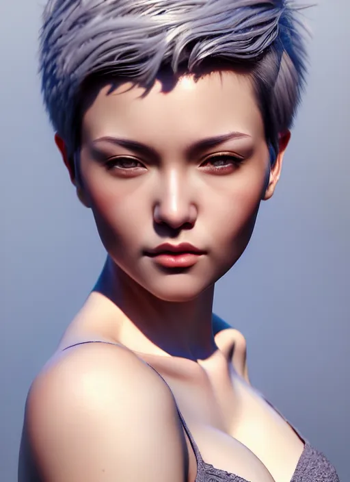 Image similar to photo of a gorgeous female with short gray hair in the style of stefan kostic, realistic, body shot, sharp focus, 8 k high definition, insanely detailed, intricate, elegant, art by stanley lau and artgerm, cherry blossoms