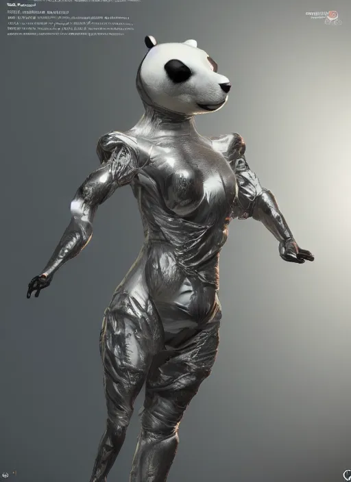 Image similar to a synthetic panda made out of a reflective material to look like a human, naturel, hyper detailed, digital art, trending in artstation, cinematic lighting, studio quality, smooth render, unreal engine 5 rendered, octane rendered, art style by klimt and nixeu and ian sprigger and wlop and krenz cushart