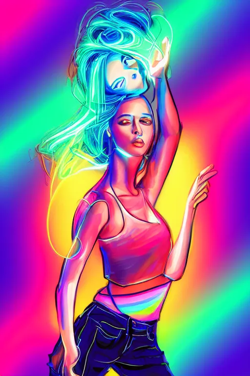 Image similar to a award winning half body portrait of a beautiful woman with stunning eyes in a croptop and cargo pants with rainbow colored ombre hairstyle head in motion and hair flying by thomas danthony, surrounded by whirling illuminated neon lines, outrun, vaporware, shaded flat illustration, digital art, trending on artstation, highly detailed, fine detail, intricate