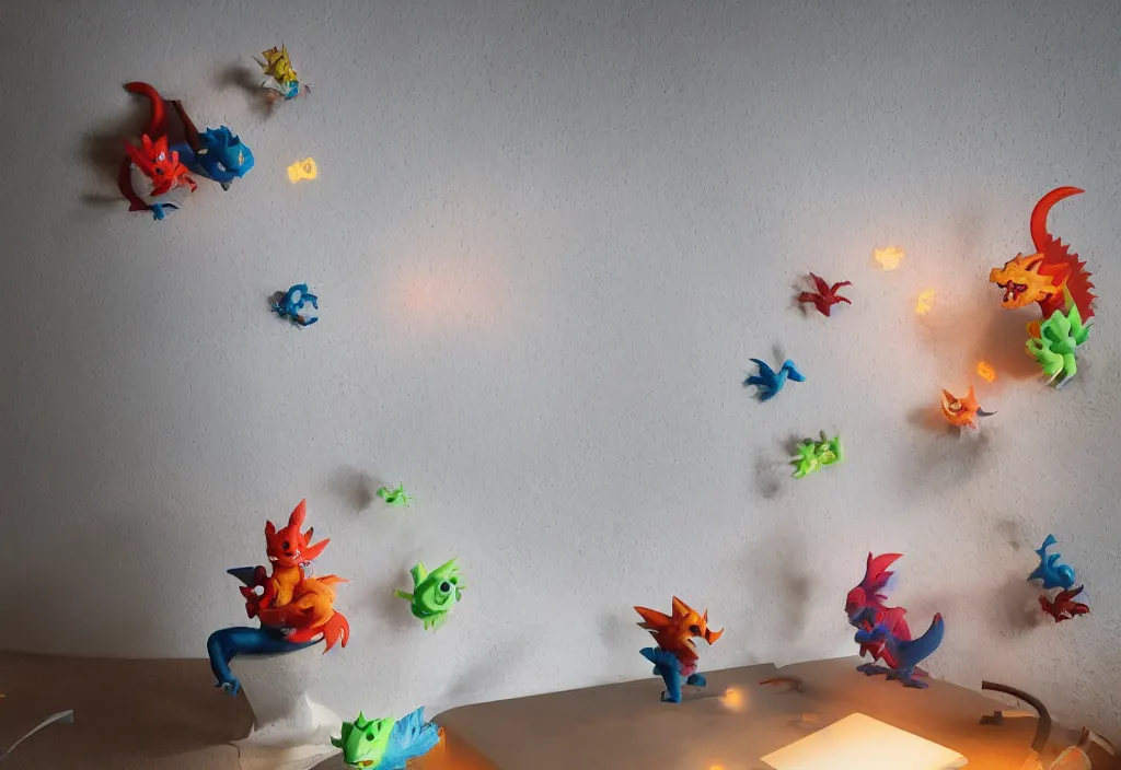 Image similar to 3 d dragons popping out of curved wall, volumetric lighting, bedroom, visor, users, pair of keycards on table, bokeh, creterion collection, shot on 7 0 mm, instax