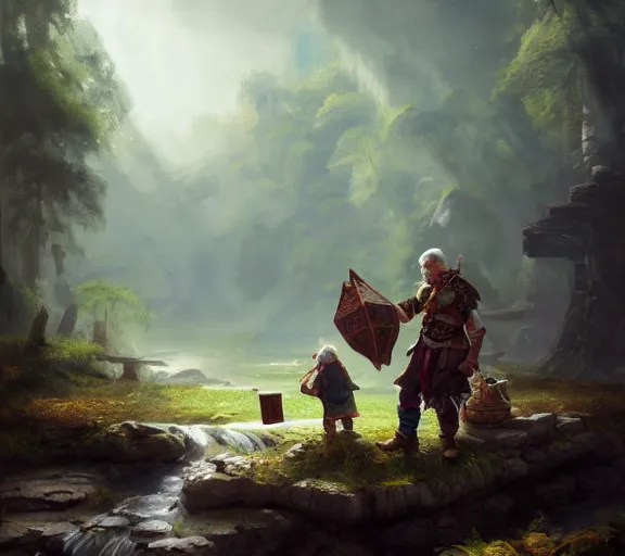 Prompt: fantasy illustration of halfling dice gambling with a white haired dwarf next to a shallow creek and cart, oil painting, greg rutkowski, wlop, highly detailed, colorful, unreal engine, octane render, dramatic lighting, cinematic composition,