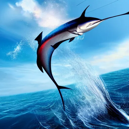 Prompt: of an amazing realistic illustration of a marlin fish jumping out of water, go pro footage, water line surface, sunrise lighting, dynamic composition