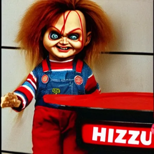 Prompt: Chucky the killer doll from the movie Child's Play eating Pizza at Pizza Hut