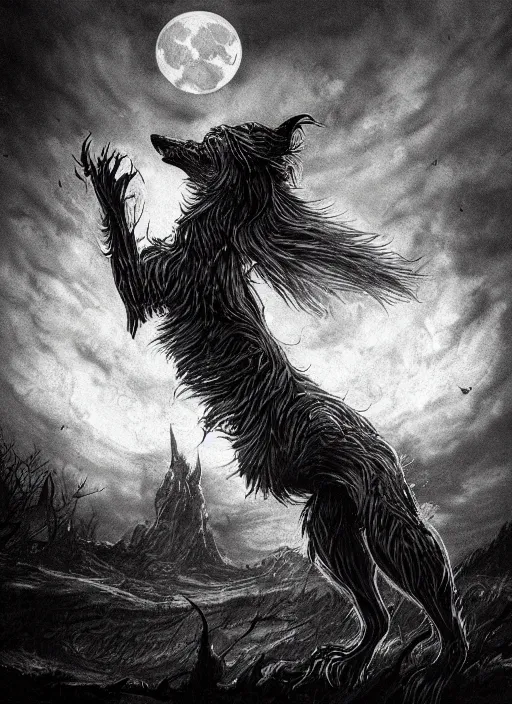 Prompt: a dachshund werewolf transforming under a full moon, dark colors, sinister atmosphere, dramatic lighting, cinematic, establishing shot, extremely high detail, photo realistic, cinematic lighting, pen and ink, intricate line drawings, by Yoshitaka Amano, Ruan Jia, Kentaro Miura, Artgerm, post processed, concept art, artstation, matte painting, style by eddie mendoza, raphael lacoste, alex ross