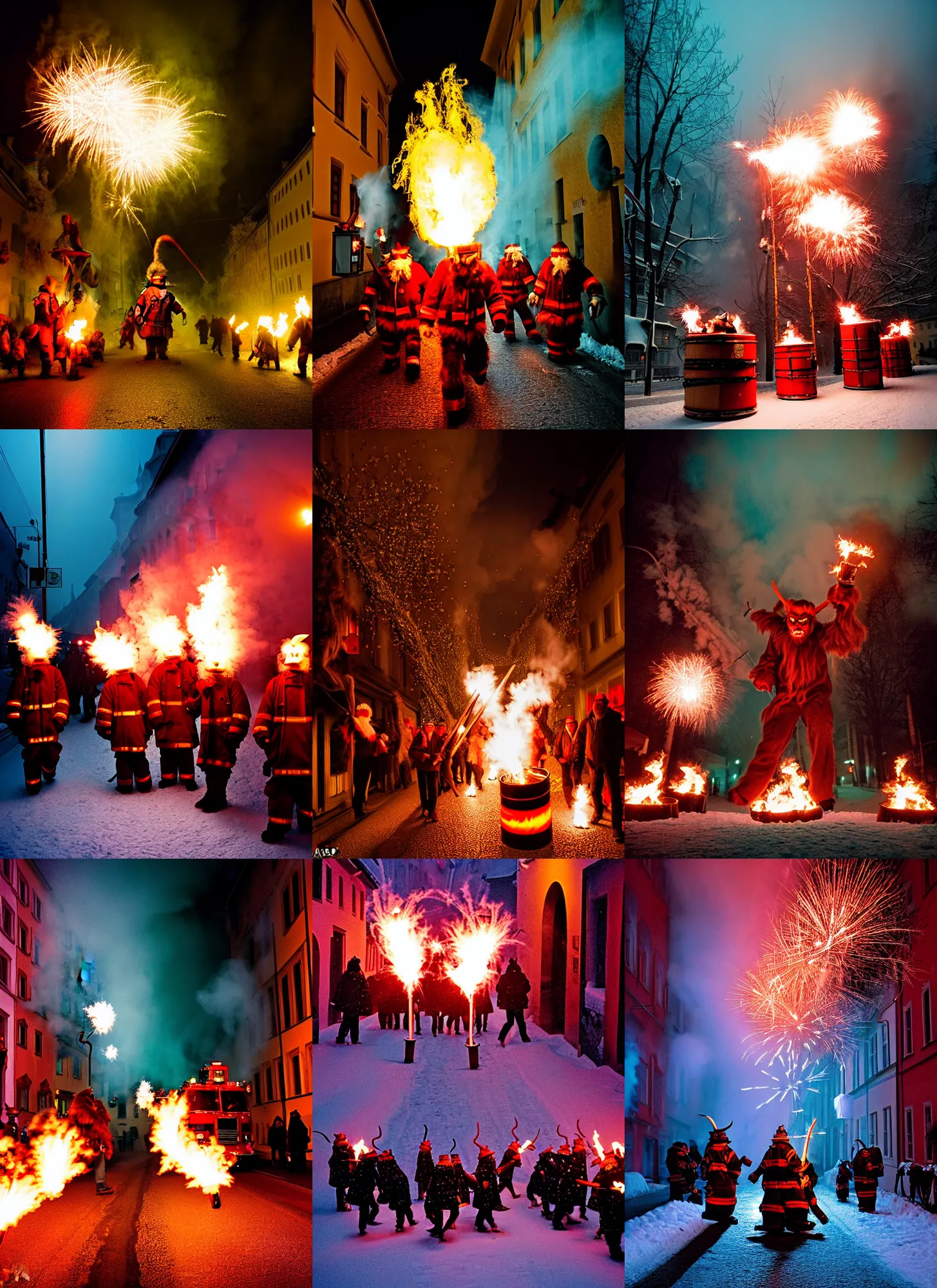 Image similar to kodak portra 4 0 0, winter, hellfire, award winning dynamic photograph of a bunch of hazardous krampus between fire barrels by robert capas, motion blur, in a narrow lane in salzburg at night with colourful pyro fireworks and torches, teal lights