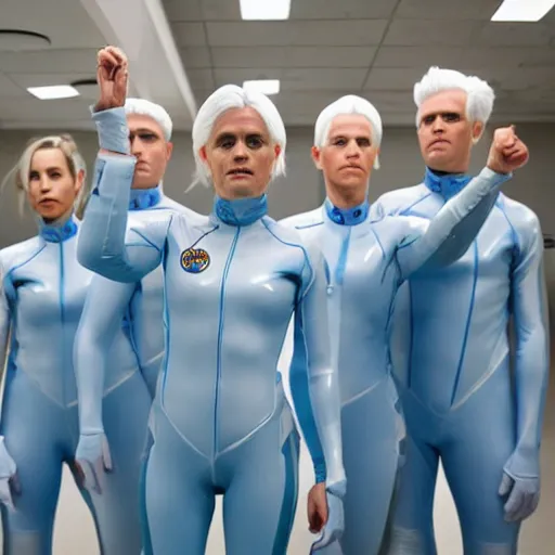 Image similar to troop of athletic humans with white hair wearing tight light blue latex suits, in formation, futuristic chemistry lab, sci - fi, highly detailed, hyperrealistic