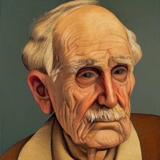 Image similar to detailing character concept portrait of old man by Grant Wood, on simple background, oil painting, middle close up composition