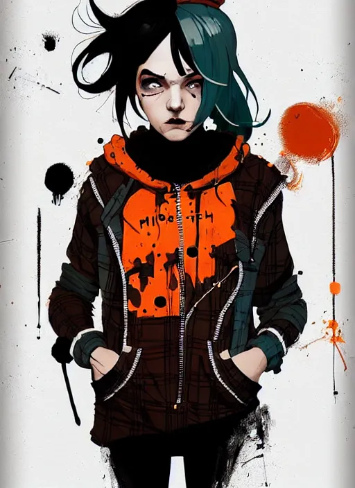 Image similar to highly detailed portrait of a sewer punk lady student, tartan hoodie, white hair by atey ghailan, by greg rutkowski, by greg tocchini, by james gilleard, by joe fenton, by kaethe butcher, gradient, orange, black, brown and cream color scheme, grunge aesthetic!!! white graffiti tag wall background