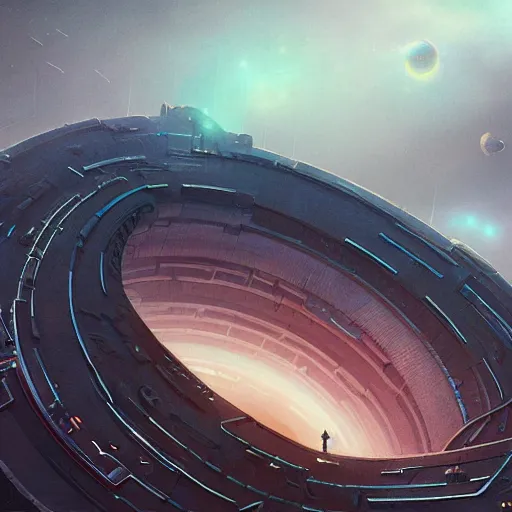 Image similar to isometric painting of a giant space shipyard building a wormhole generator, by Greg Rutkowski, Beeple, post-processing, low angle, masterpiece, cinematic, volumetric lighting