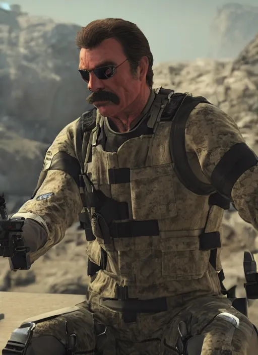 Image similar to film still of tom selleck as snake in metal gear solid the phantom pain, gameplay, 8 k, hd