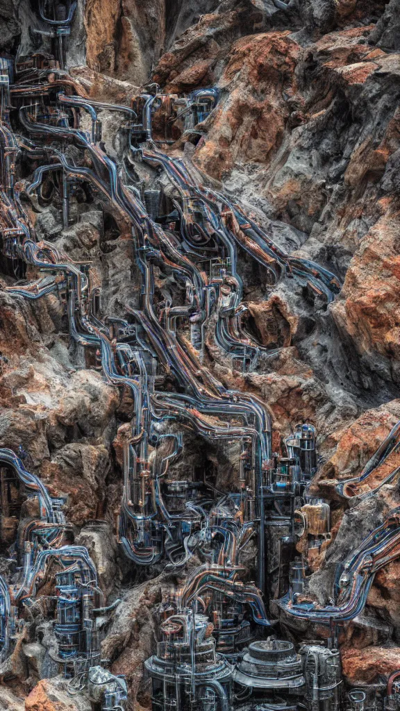 Prompt: cinematic ultra realistic photography of the complex magical machine embedded within the mountain, colourful sedimentary and igneous rock and marble, rock textures industrial machinery, pistons, pipes and valves, super conducters, circuitry. 8k 3D geology