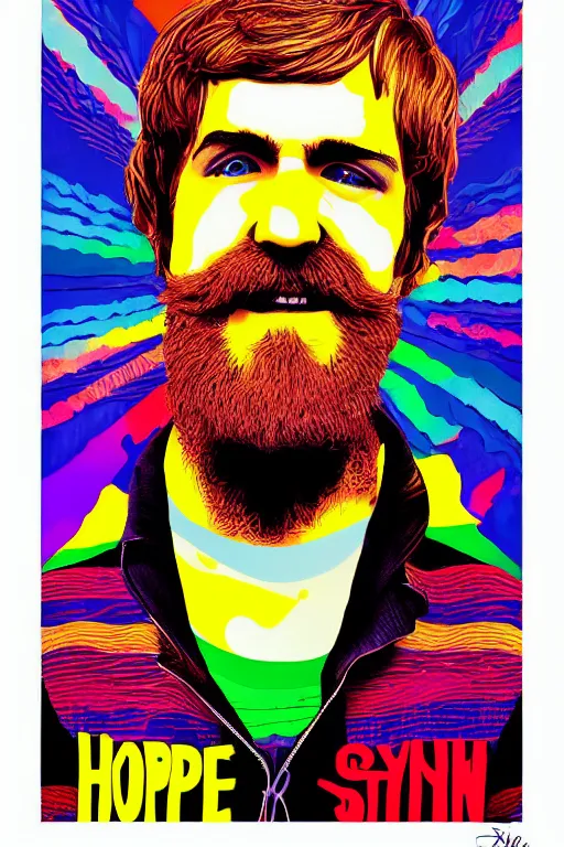 Image similar to inspirational style hope poster of bo burnham with beard, psychedelic colors, highly detailed, realistic, loving, by steven belledin