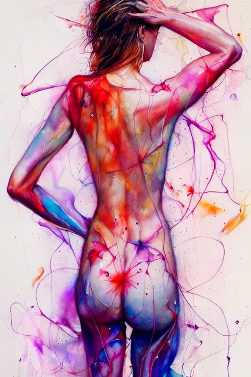 Image similar to sophia vergara by agnes cecile enki bilal moebius, intricated details, 3 / 4 back view, bendover posture, full body portrait, extremely luminous bright design, pastel colours, drips, autumn lights