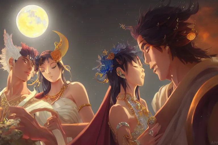 Prompt: close up moment of a divine a japan sun god and a moon goddess lovers magician at a wedding banquet, highly detailed, d & d, fantasy, 4 k realistic, digital painting, trending on artstation, concept art, sharp focus, illustration, art by makoto shinkai and akihiko yoshida and daniel gerhartz