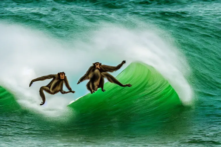 Image similar to monkey surfing on a green sea wave, natural lighting, highly detailed, 4 k, ultra hd