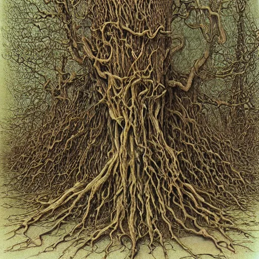 Prompt: a skeleton buried in tendrils of a tree by John Howe