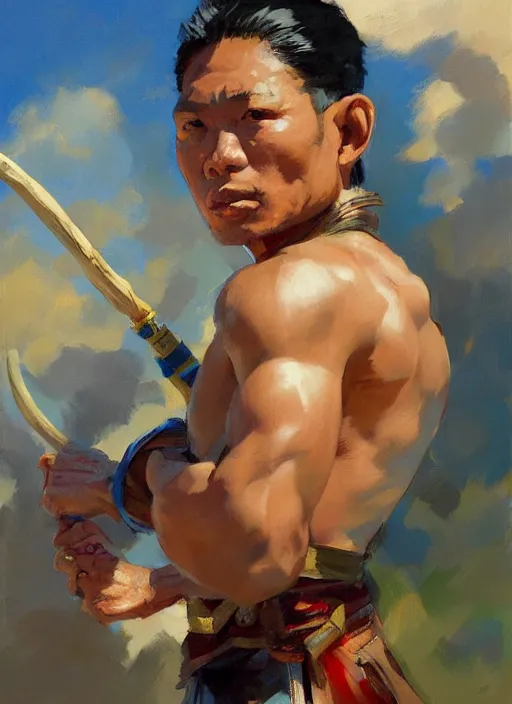 Image similar to greg manchess side portrait of a filipino fighter with a scepter, organic painting, sunny day, matte painting, bold shapes, hard edges, street art, trending on artstation, by huang guangjian, gil elvgren, ruan jia, randy vargas, greg rutkowski