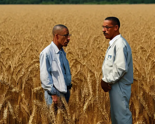 Prompt: extreme long shot of walter white and gustavo fring standing facing each other from a distance in a wheat field, low angle, side view, perfect angle, 8 5 mm photograph, 8 k resolution, wide shot, sharp lens, high detail, cinematic