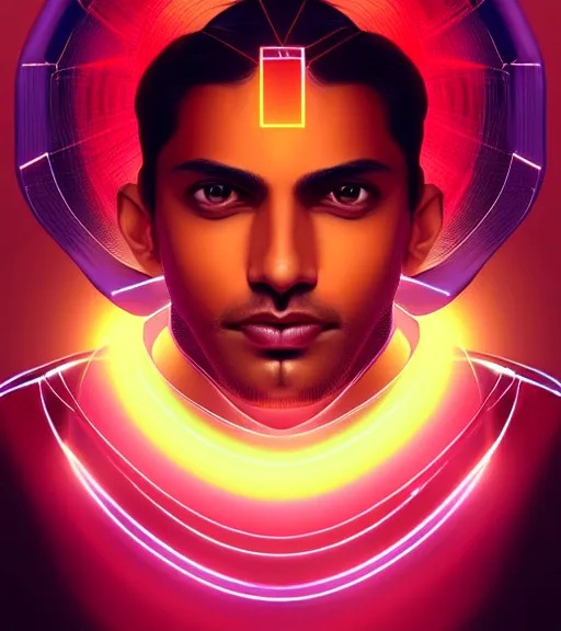 Image similar to symmetry!! indian prince of technology, solid cube of light, hard edges, product render retro - futuristic poster scifi, lasers and neon circuits, brown skin handsome indian prince, intricate, elegant, highly detailed, digital painting, artstation, concept art, smooth, sharp focus, illustration, dreamlike, art by artgerm