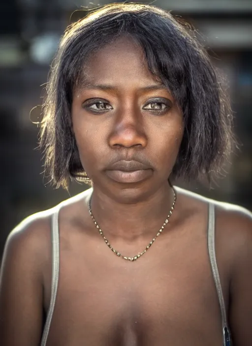 Image similar to close up portrait photograph of patience during a war on the outside of the clubs. she looks directly at the camera. Slightly open mouth, face takes up half of the photo. the clubs visible in the background. 55mm nikon. Intricate. Very detailed 8k texture. Sharp. Cinematic post-processing. Award winning portrait photography. Sharp eyes.