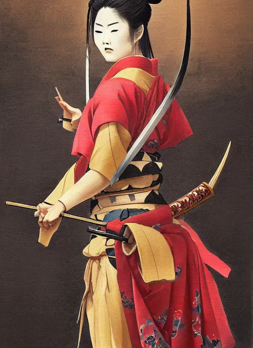 Image similar to a japanese oil painting of a beautiful samurai woman posing with a samurai sword, very aesthetic, detailed face, in the style of, greg rutkowski, boris vallejo, neal hanson, frank frazetta, goddess of war, epic fantasy character art, samurai armor, high fantasy, full length, exquisite detail low angle, masterpiece, cinematic