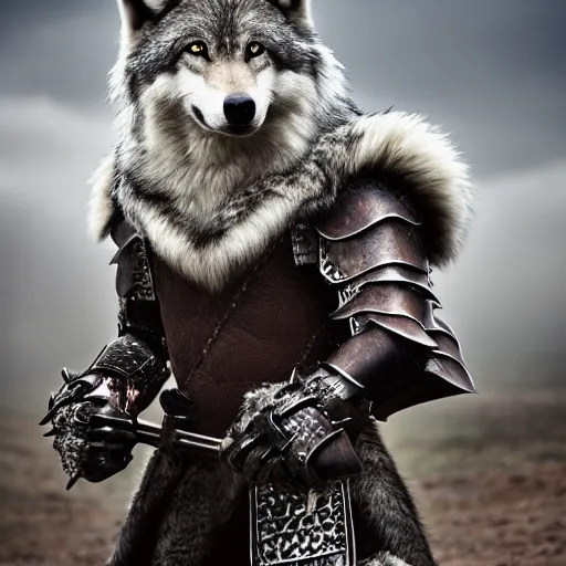 Prompt: Anthro wolf knight wearing fantasy armor, 135mm , soft focus, soft_light, foggy landscape, Amazing detail, realistic fur, looking at camera