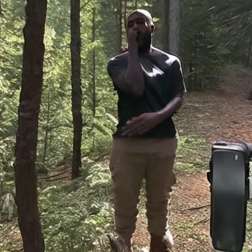 Prompt: trailcam footage of kanye west crying and screaming in the forest