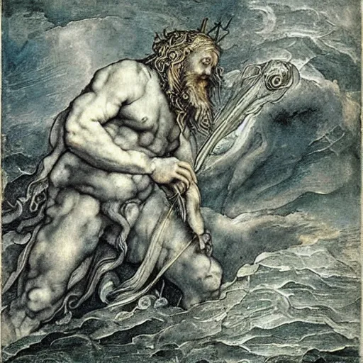 Prompt: Poseidon, the god of the sea, painting by Albrecht Dürer, dark colors