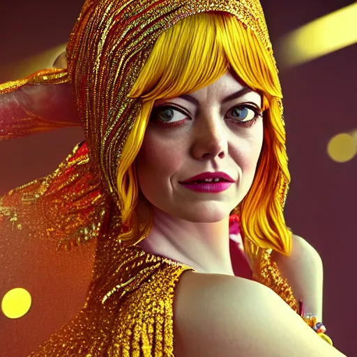 Image similar to full body portrait of emma stone, she is dressed as a belly dancer,, arabian night, in focus sharp face with fine details, a human hand in a video game, volumetric lightening, octane render, high quality, fully detailed, 4 k, alphonse mucha, masterpiece, stunning