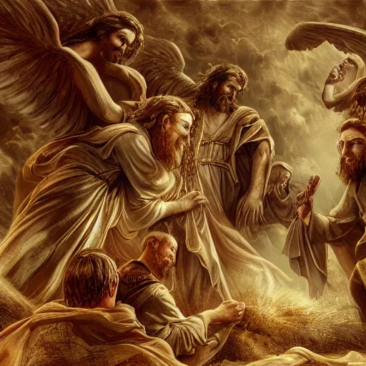 Image similar to angels protecting a praying man very highly detailed, award winning, trending on artstation, 4K UHD image