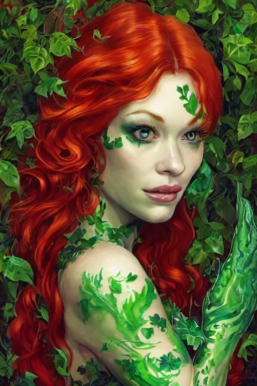 Image similar to three-quarters pose portrait of Christina Hendricks as Poison Ivy, very beautiful young woman, ginger wavy hair, Intricate, nature and flowers tattoos and imagery themed, D&D!, fantasy style, sharp focus!, ultra detailed, art by Artgerm and Peter Andrew Jones, WLUP