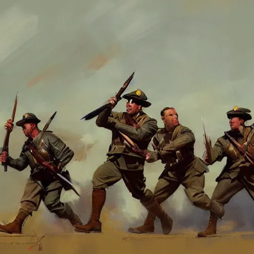 Image similar to greg manchess painting of a group of men charging at the enemy wearing military uniform, painting, trending on artstation, by huang guangjian and gil elvgren and sachin teng