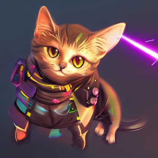 Prompt: cute angry ninja cyberpunk cat with big eyes branding a laser sword, 3 d render, artstation, highly detailed, colorful, digital painting, deep focus, sharp, smooth, rossdraws