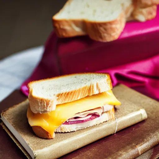 Prompt: a ham and cheese sandwich on bunny bread, sitting on a thick old book. high definition photograph