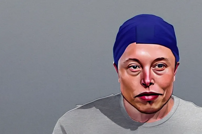 Image similar to medium full shot of elon musk as a gang member wearing a blue head covering made from a polyester or nylon material and a stained white tank top caught doing crack inside a detroit gang trap house, arms covered in gang tattoo, paparazzi, leaked footage, uncomfortable, bad quality