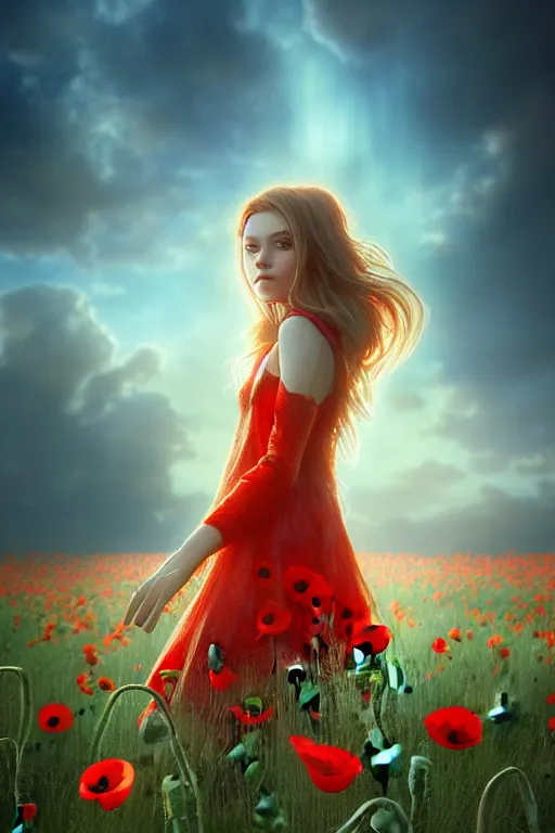 Image similar to epic Beautiful art portrait of a light elemental girl in a poppy' field , atmospheric lighting, intricate detail, cgsociety, hyperrealistic, octane render, RPG portrait, ambient light, dynamic lighting