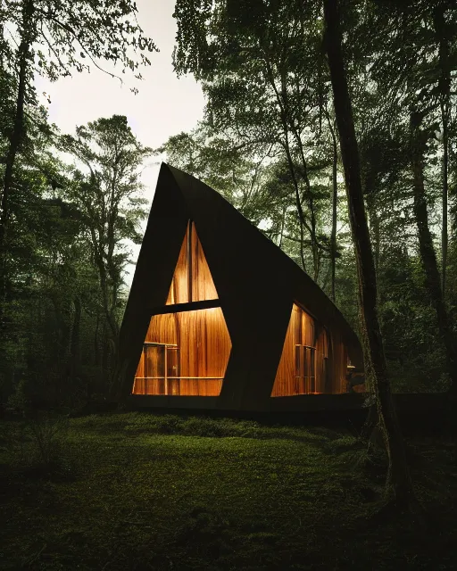 Image similar to an exquisite wooden house in the middle of a lush forest at night, minimalist design, architectural photography, dark and dim lighting, beautiful, tranquil, moody, cinematic, fantasy, 3 5 mm lens, volumetric lighting, first person view, photographic render, hyper realistic