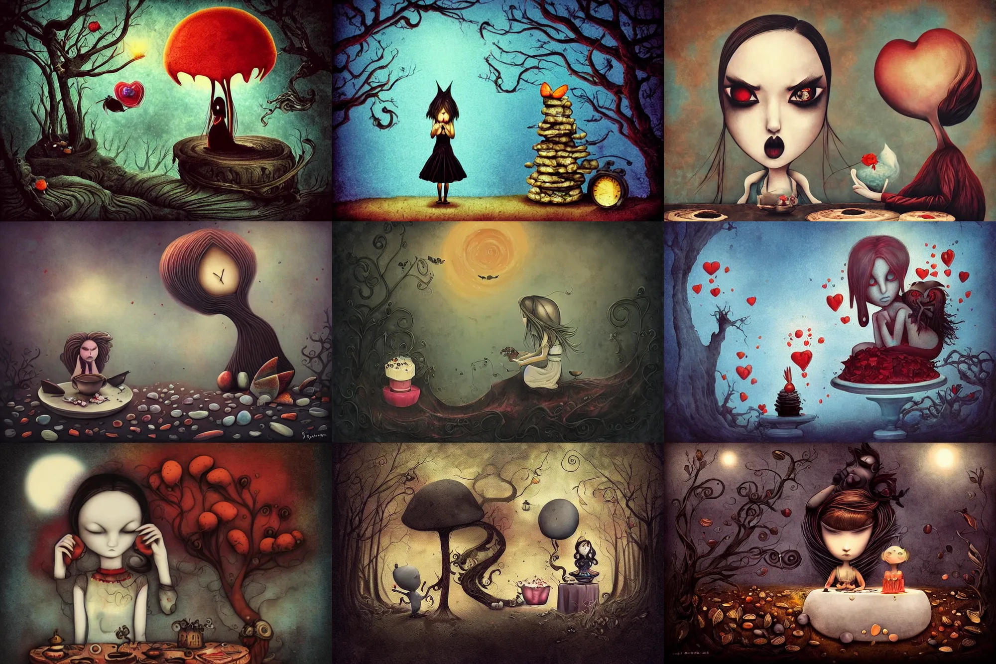 Prompt: Alice eats pebbles that turn into cakes and shrinks again, dramatic, art style Megan Duncanson and Benjamin Lacombe, super details, dark dull colors, ornate background, mysterious, eerie, sinister