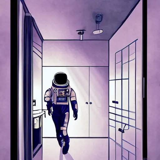 Image similar to astronaut enters the young woman's apartment, digital art, epic composition, highly detailed, cinematic lighting