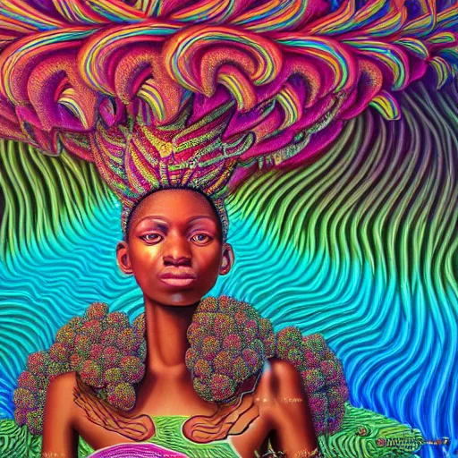 Prompt: a regal and heroic african queen with a colorful afro sitting in a cabana near a larg near a pink river with a large glowing baobab tree, by amanda sage and alex grey and evgeni gordiets in a surreal psychedelic style, symmetrical, detailed eyes, oil on canvas 8k, hd