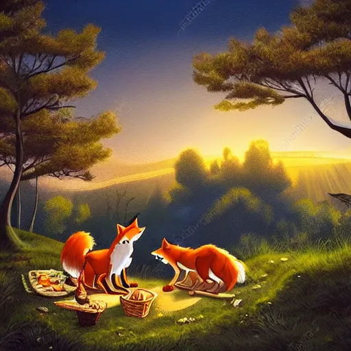 Prompt: a fox and a wolf having a picnic together on the top of a scenic hill at sunrise, storybook illustration