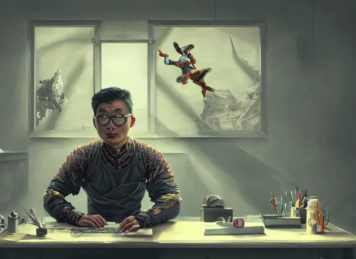 Prompt: an insanely detailed painting of an asian man wearing a homemade superhero costume, realistic face, sitting at a desk, staring seriously at the computer and typing, in the style of peter mohrbacher, james jean, artgerm, dramatic lighting and composition, surreal background, octane render, pixar, trending on artstation, concept art, comic book, 8 k