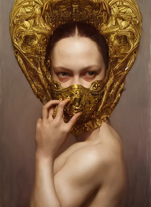 Image similar to highly detailed oil painting | very intricate | cinematic lighting | award - winning | the water mask by alexander mcqueen | by roberto ferri, by arsen kurbanov, by j. c. leyendecker and klimt, american romanticism, by austin osman spare, artstation, cgsociety, official art, octane