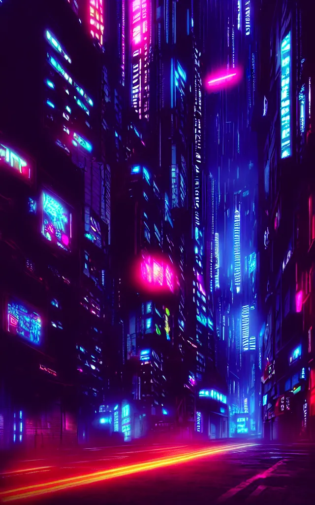 Prompt: a magnificent dark neon futuristic cyberpunk city bustling street at night concept art by liam wong in the film akira rendered in octane, 3 d render, trending on cgsociety, blender 3 d