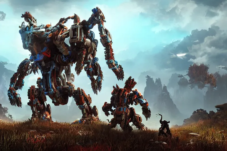 Image similar to thunderjaw machine mecha animal beast robot of horizon forbidden west horizon zero dawn bioluminiscence global illumination ray tracing hdr fanart arstation by sung choi and eric pfeiffer and gabriel garza and casper konefal