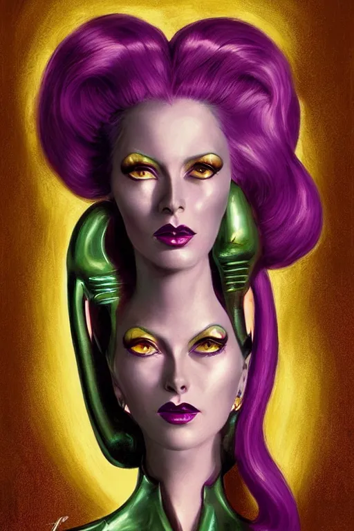 Image similar to portrait, headshot, digital painting, of beautiful lady alien extraterrestrial merchant, purple hair, amber jewels, dark green satin spacesuit, baroque, ornate clothing, scifi, futuristic, realistic, hyperdetailed, chiaroscuro, concept art, art by gil elvgren and basil gogos